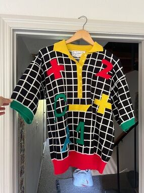 Vintage Black and White Grid Knit Polo with Yellow Collar.